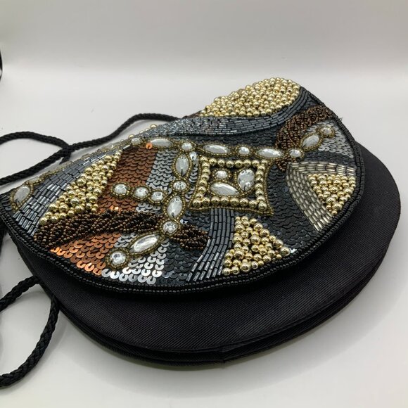 Towanny Vintage Black Sequin Beaded Embellished Handbag Crossbody - Picture 2 of 8